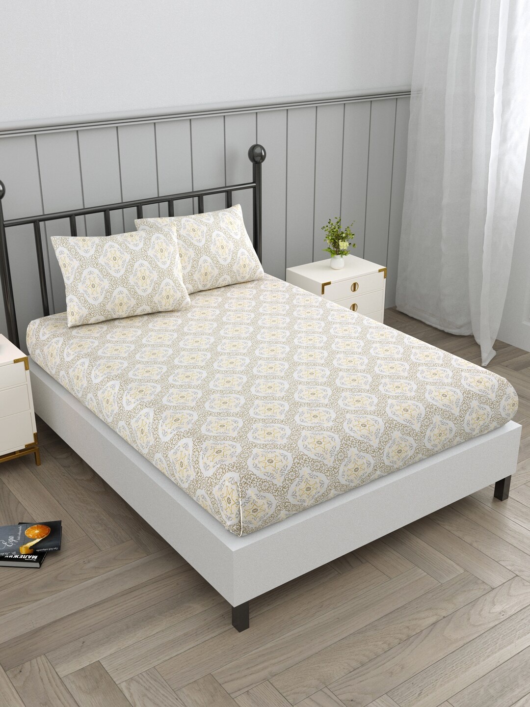 EverHOME Sayla Grey & Yellow Ethnic Motifs Cotton 144 TC Queen Bedsheet & 2 Pillow Covers
EverHOME Sayla Grey & Yellow Ethnic Motifs Cotton 144 TC Queen Bedsheet & 2 Pillow Covers