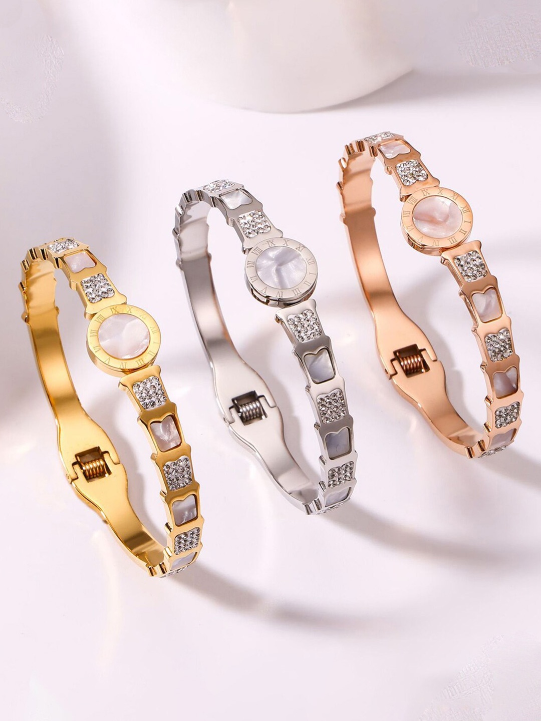 Designs & You Set Of 3 Gold Rose Gold Silver Plated Mother Of Pearl Bangle-Style Bracelet
Designs & You Set Of 3 Gold Rose Gold Silver Plated Mother Of Pearl Bangle-Style Bracelet