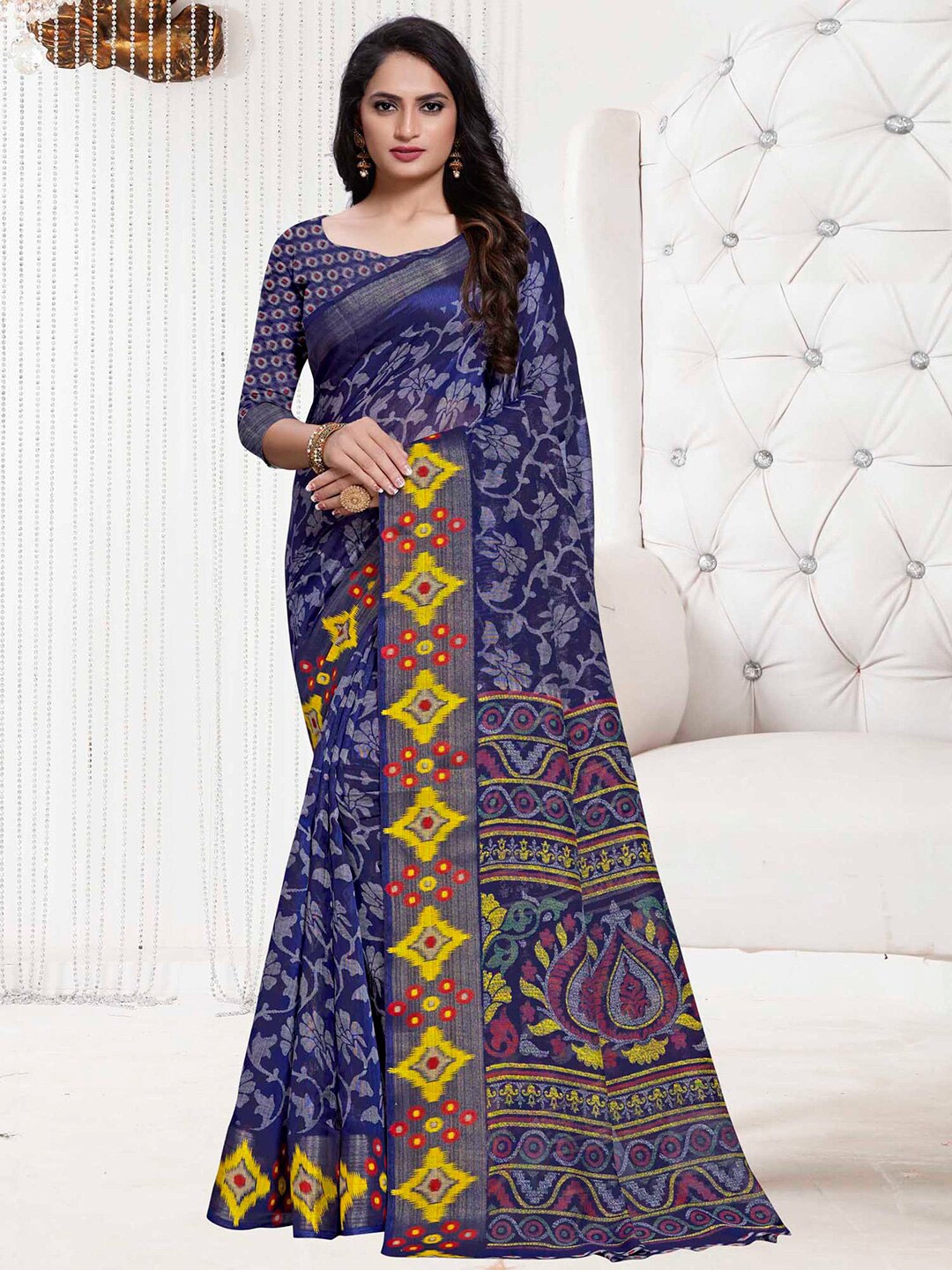 Anouk Floral Printed Zari Bagh Saree, Navy blue