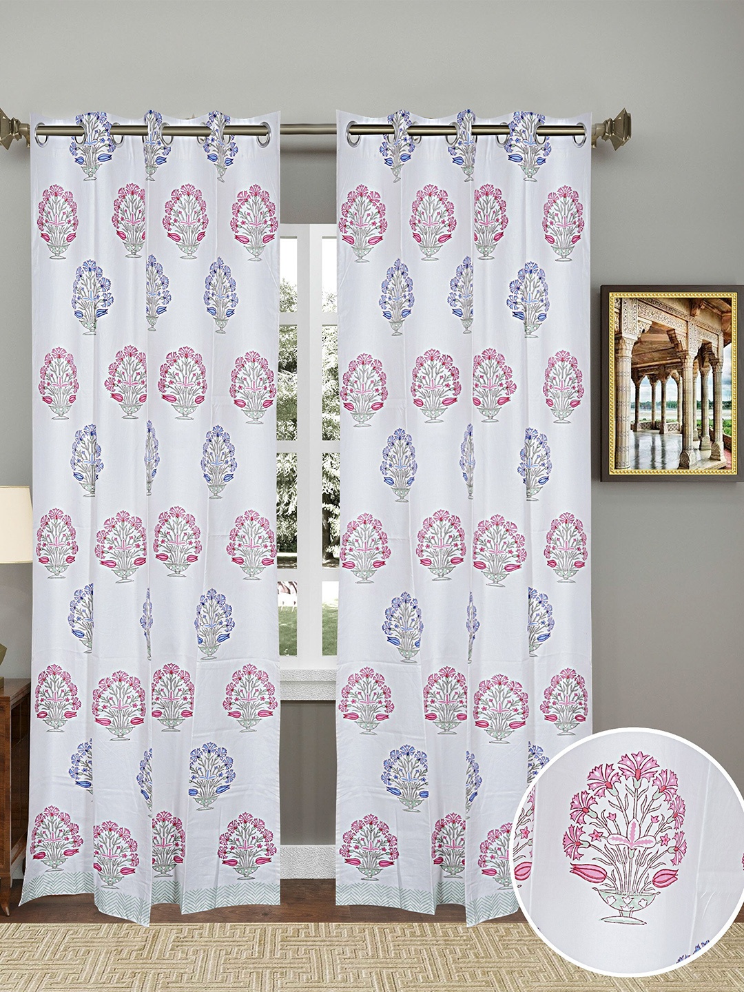 LIVING ROOTS White & Pink 2 Pieces Floral Block Printed Elegant Cotton Door Curtains
LIVING ROOTS White & Pink 2 Pieces Floral Block Printed Elegant Cotton Door Curtains