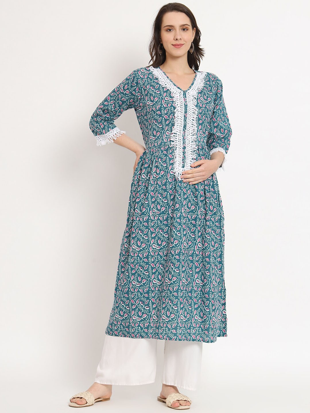 Aujjessa Floral Printed V-Neck Thread Work Anarkali Maternity Feeding Pure Cotton Kurta, Teal
Aujjessa Floral Printed V-Neck Thread Work Anarkali Maternity Feeding Pure Cotton Kurta, Teal