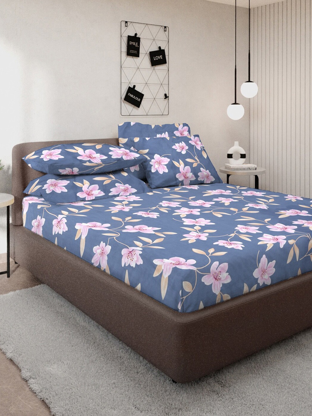 KLOTTHE Blue & Pink Floral Printed 300 TC Fitted Double King Bedsheet With 4 Pillow Cover
KLOTTHE Blue & Pink Floral Printed 300 TC Fitted Double King Bedsheet With 4 Pillow Cover