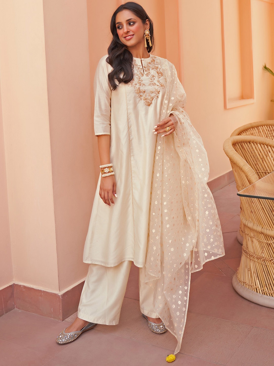 Janasya Embroidered Regular Chanderi Silk Kurta with Palazzos & Dupatta, Off white
Janasya Embroidered Regular Chanderi Silk Kurta with Palazzos & Dupatta, Off white