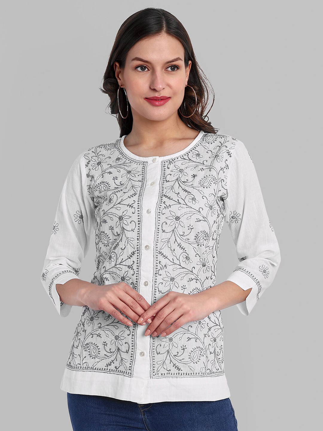 ADA Floral Embroidered Round Neck Pure Cotton Chikankari Shirt Style Top, White
ADA Floral Embroidered Round Neck Pure Cotton Chikankari Shirt Style Top, White