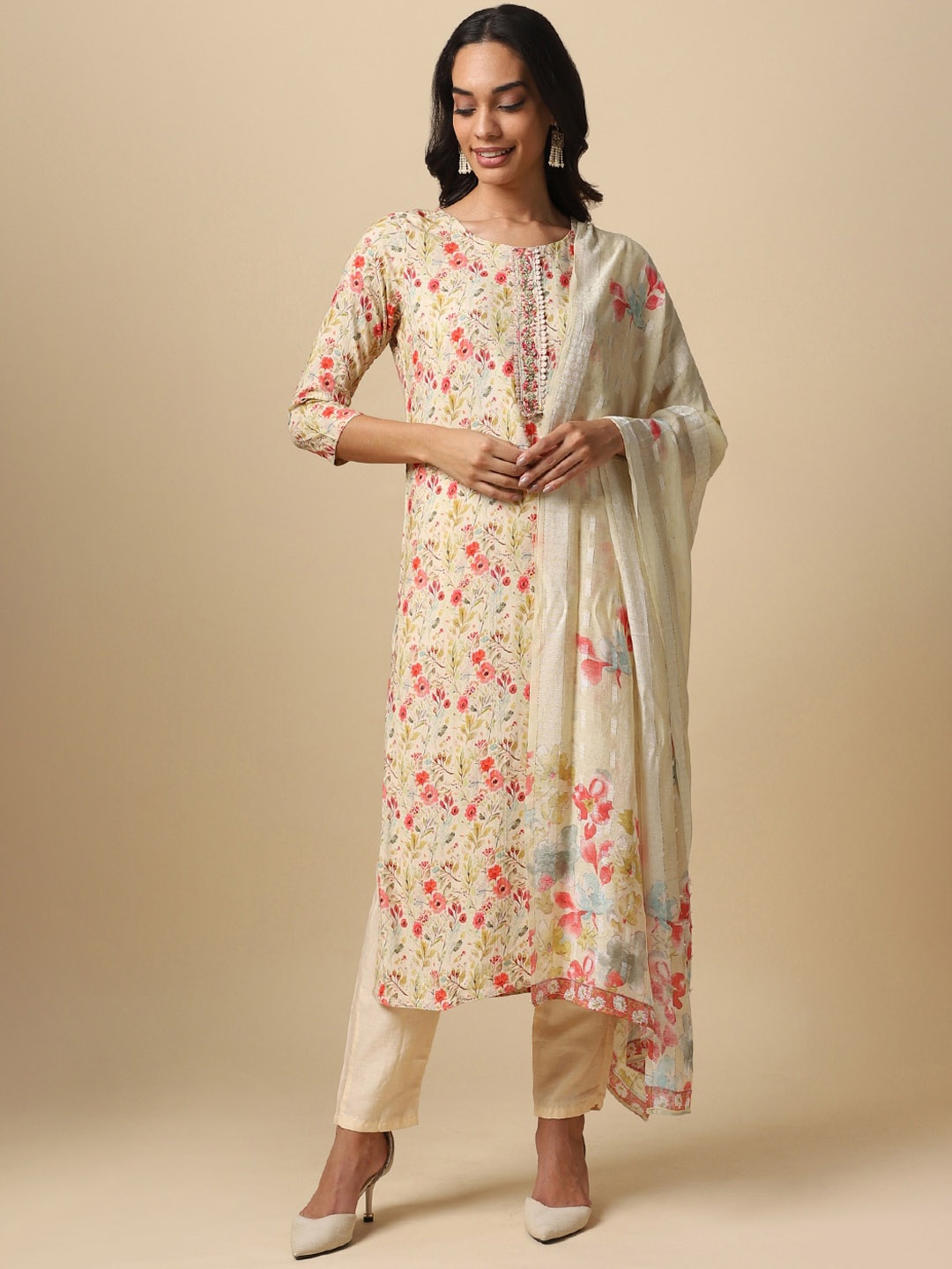 House Of Dharaa Floral Printed Regular Pure Cotton Kurta with Trousers & With Dupatta, Off white