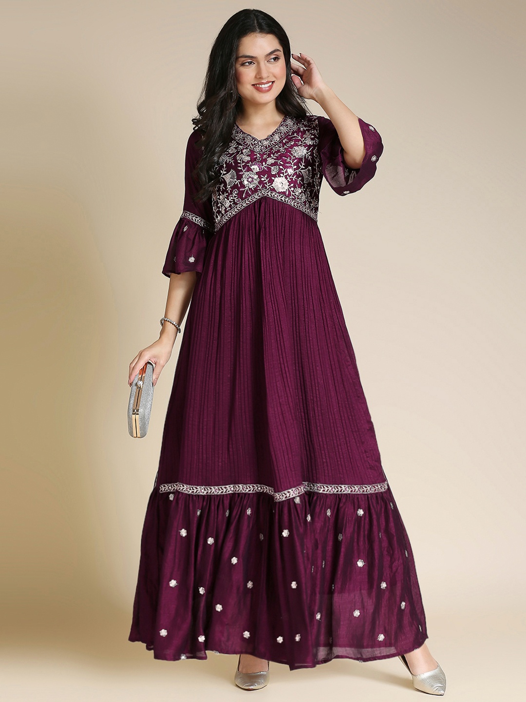 MADHURAM Floral Embroidered Gathered Sequinned Bell Sleeves Maxi Ethnic Dress, Maroon
MADHURAM Floral Embroidered Gathered Sequinned Bell Sleeves Maxi Ethnic Dress, Maroon