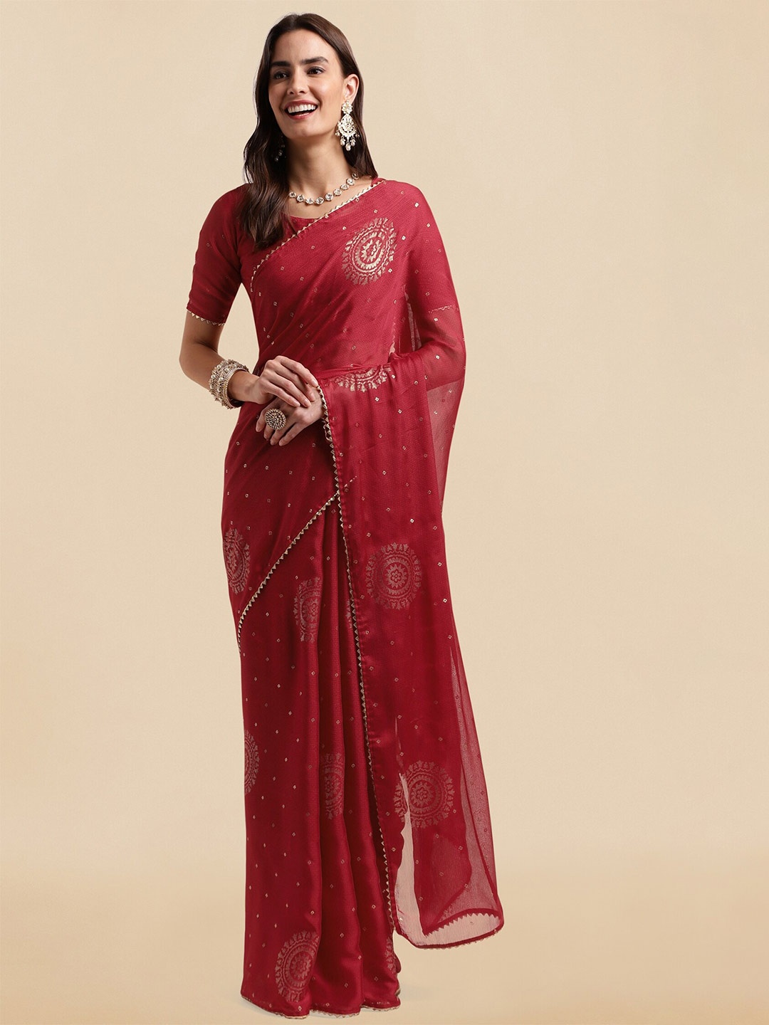 MIRCHI FASHION Maroon & Gold Ethnic Motifs Gotta Patti Poly Chiffon Block Print Saree
MIRCHI FASHION Maroon & Gold Ethnic Motifs Gotta Patti Poly Chiffon Block Print Saree