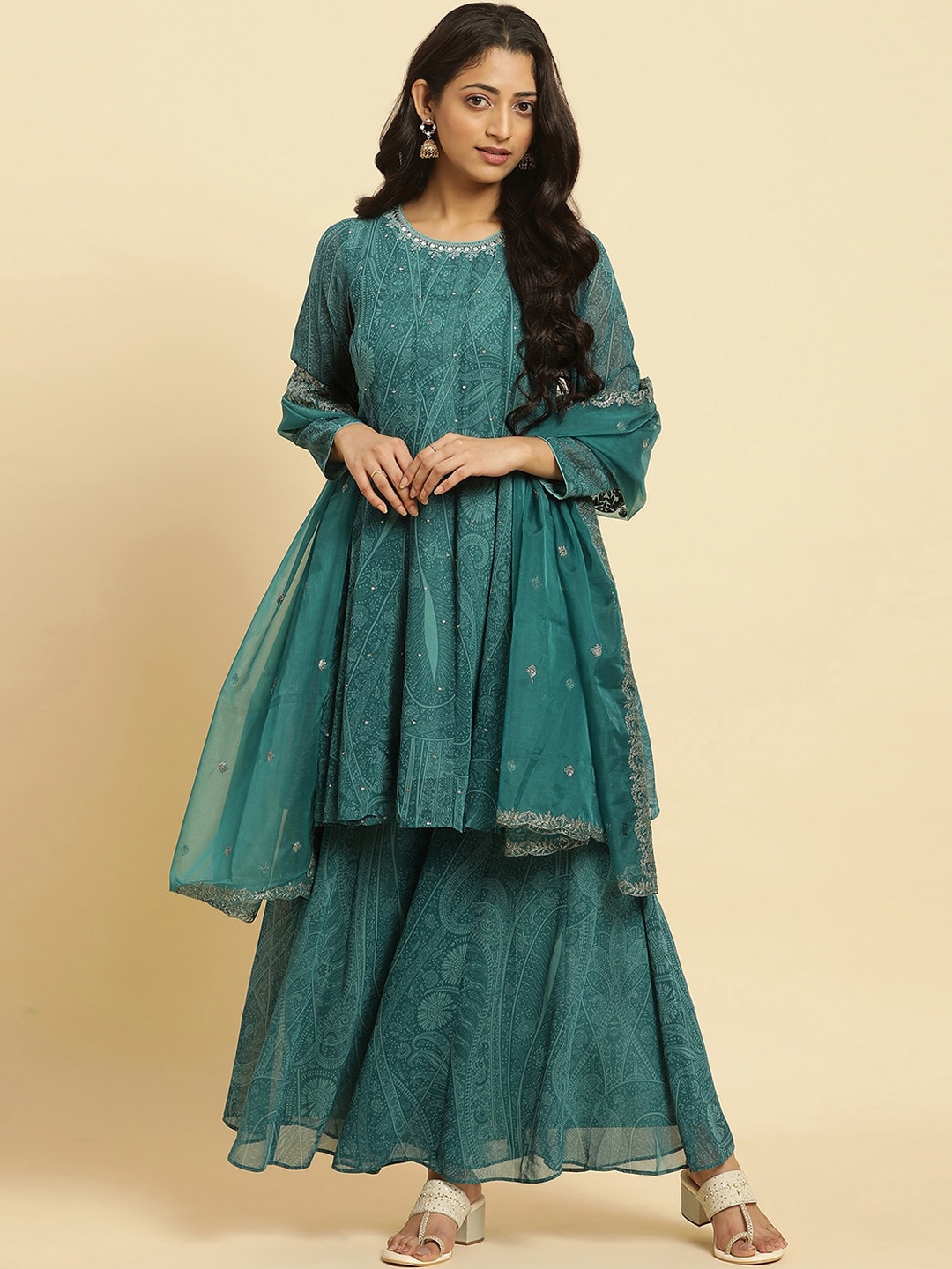 WISHFUL Paisley Printed Beads And Stones Anarkali Kurta With Sharara & Dupatta, Green
WISHFUL Paisley Printed Beads And Stones Anarkali Kurta With Sharara & Dupatta, Green
