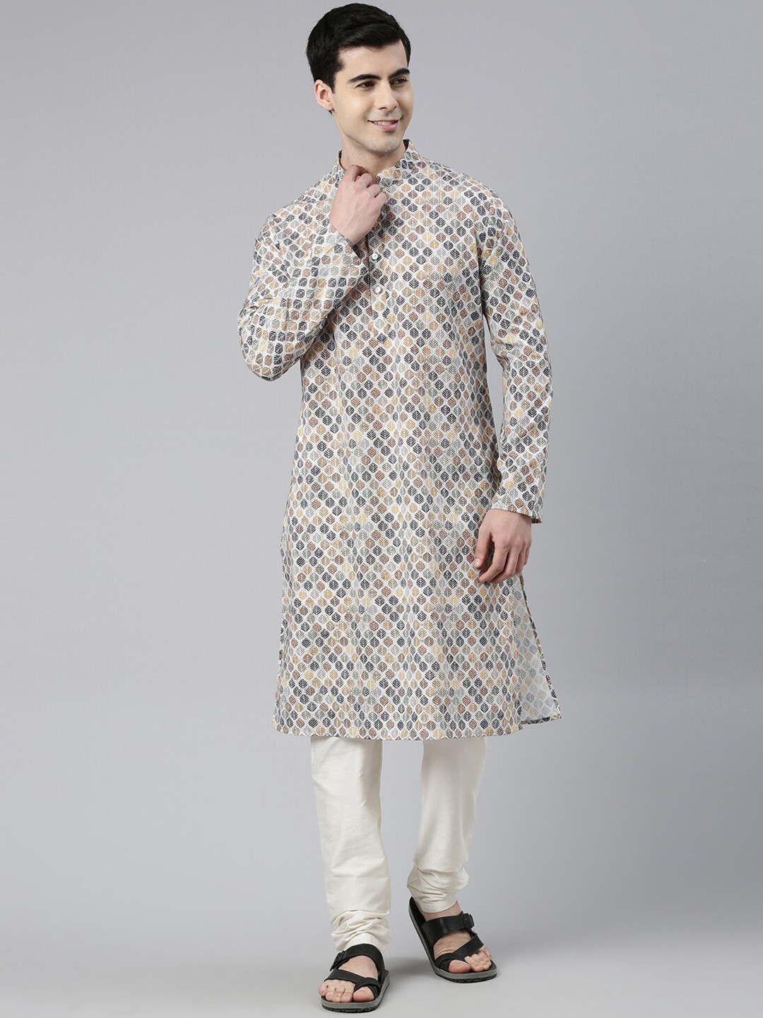 TheEthnic.Co Ethnic Motifs Printed Mandarin Collar Cotton Straight Kurta, Beige 
TheEthnic.Co Ethnic Motifs Printed Mandarin Collar Cotton Straight Kurta, Beige