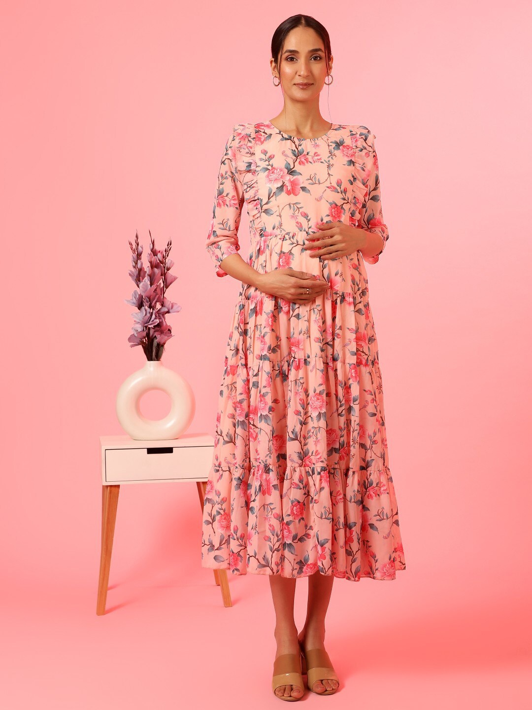 House Of Zelena Floral Printed Fit and Flare Pleated Maxi Maternity Dress, Pink