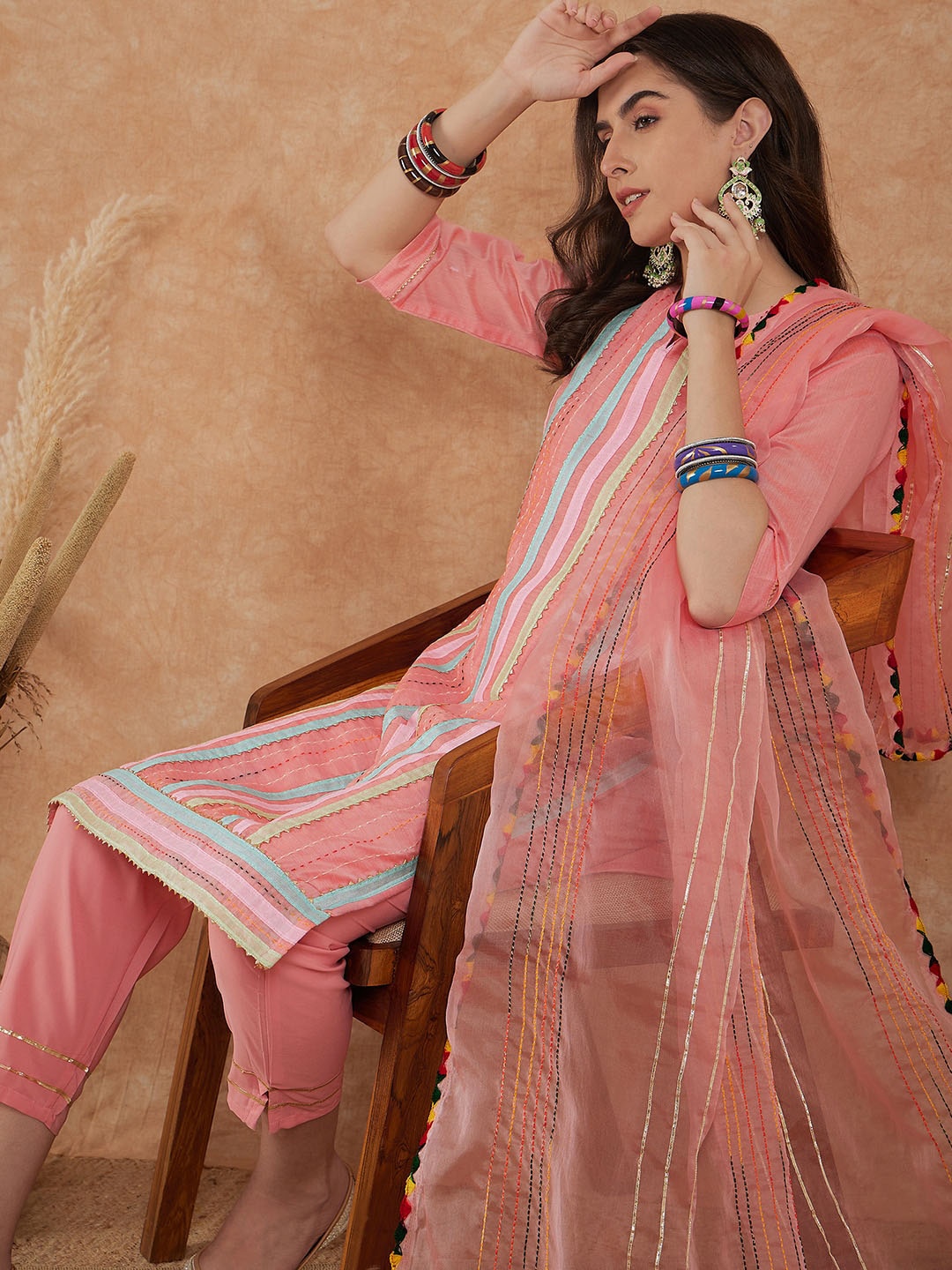 Sangria Striped Gotta Patti Detailed Pure Cotton Straight Kurta & Trouser With Dupatta, Pink
Sangria Striped Gotta Patti Detailed Pure Cotton Straight Kurta & Trouser With Dupatta, Pink