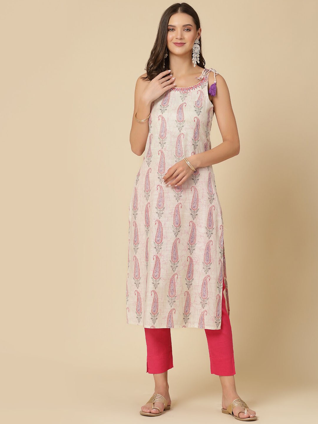 all about you Ethnic Motifs Printed Mirror Work Kurta, Off white