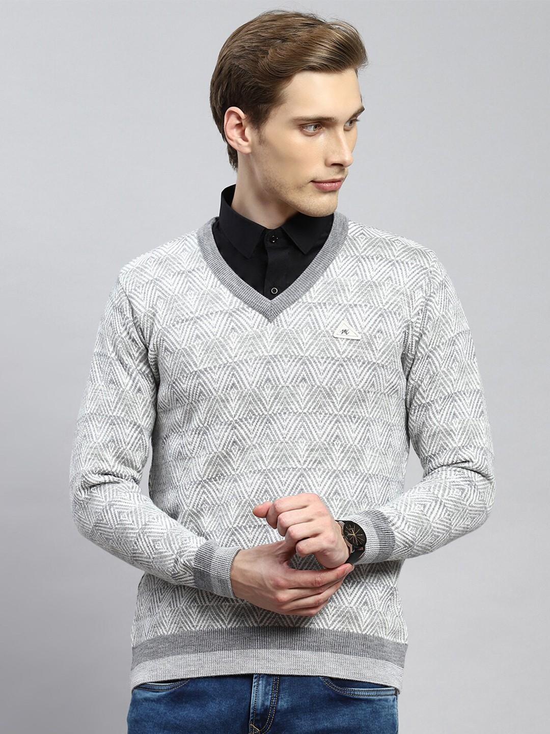 Monte Carlo Self Design Woolen Pullover Sweater, Grey