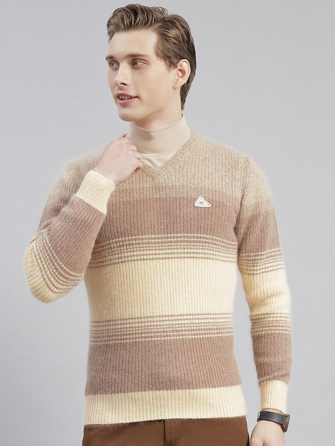 Monte Carlo Striped V-Neck Woollen Pullover, Brown