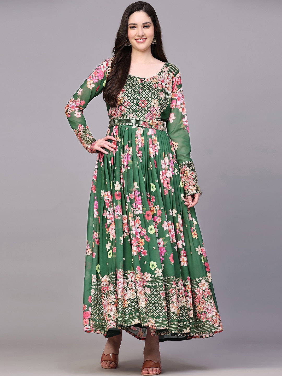 KALINI Floral Printed Embellished Pleated Georgette Fit & Flare Maxi Ethnic Dress, Green
KALINI Floral Printed Embellished Pleated Georgette Fit & Flare Maxi Ethnic Dress, Green