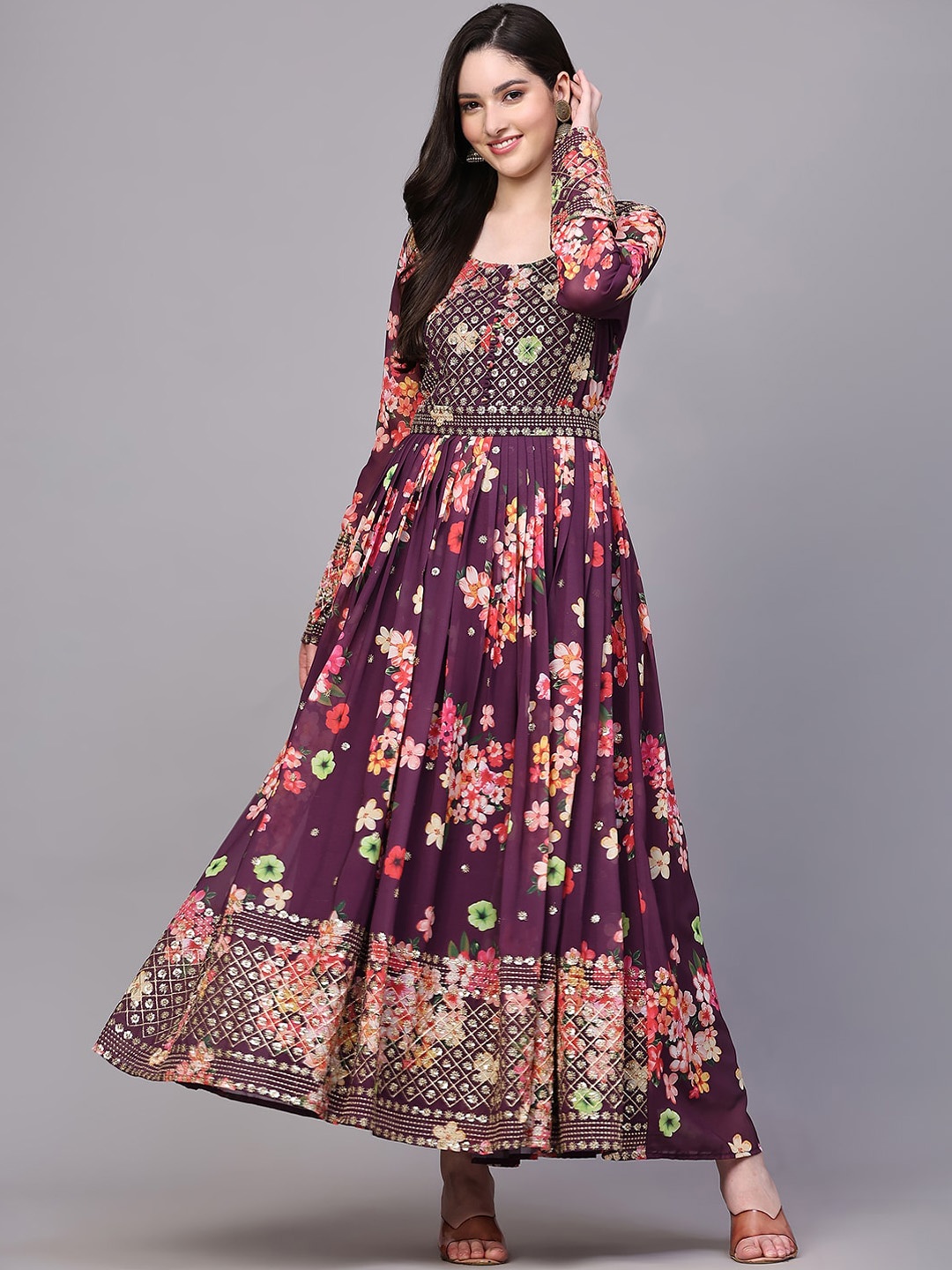 BLACK SCISSOR Floral Printed Embroidered Georgette Fit & Flared Ethnic Dress, Burgundy
BLACK SCISSOR Floral Printed Embroidered Georgette Fit & Flared Ethnic Dress, Burgundy