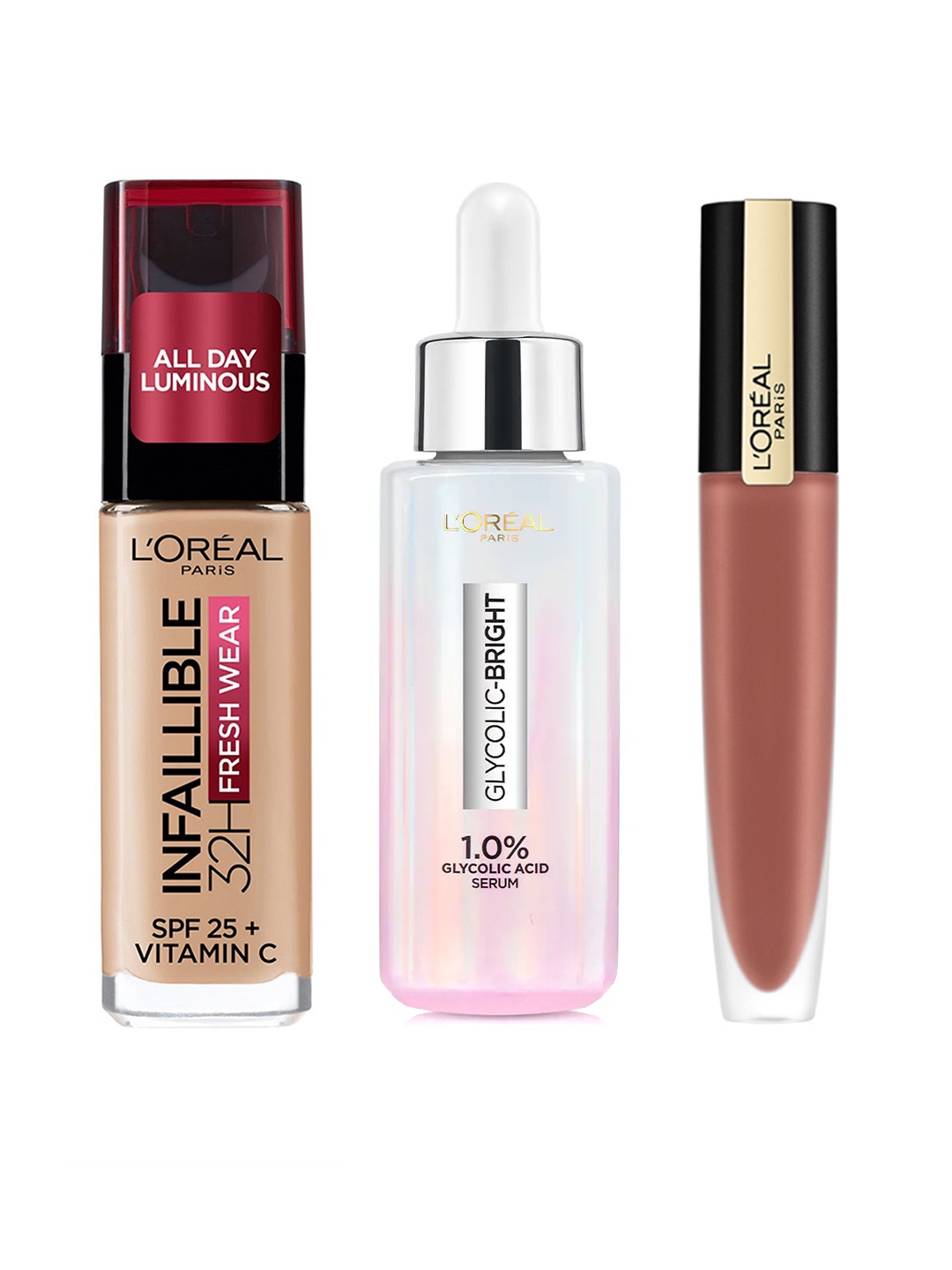 LOreal Paris Rouge Signature Lipstick+Infallible Foundation+Glycolic Bright Serum, Beige
LOreal Paris Rouge Signature Lipstick+Infallible Foundation+Glycolic Bright Serum, Beige