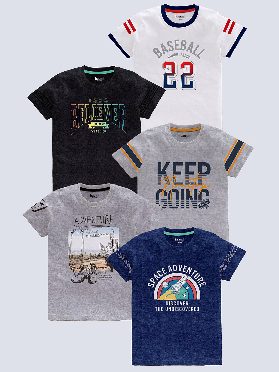 BAESD Boys Pack of 5 Typography Printed Round Neck Pure Cotton T-shirts, White
BAESD Boys Pack of 5 Typography Printed Round Neck Pure Cotton T-shirts, White