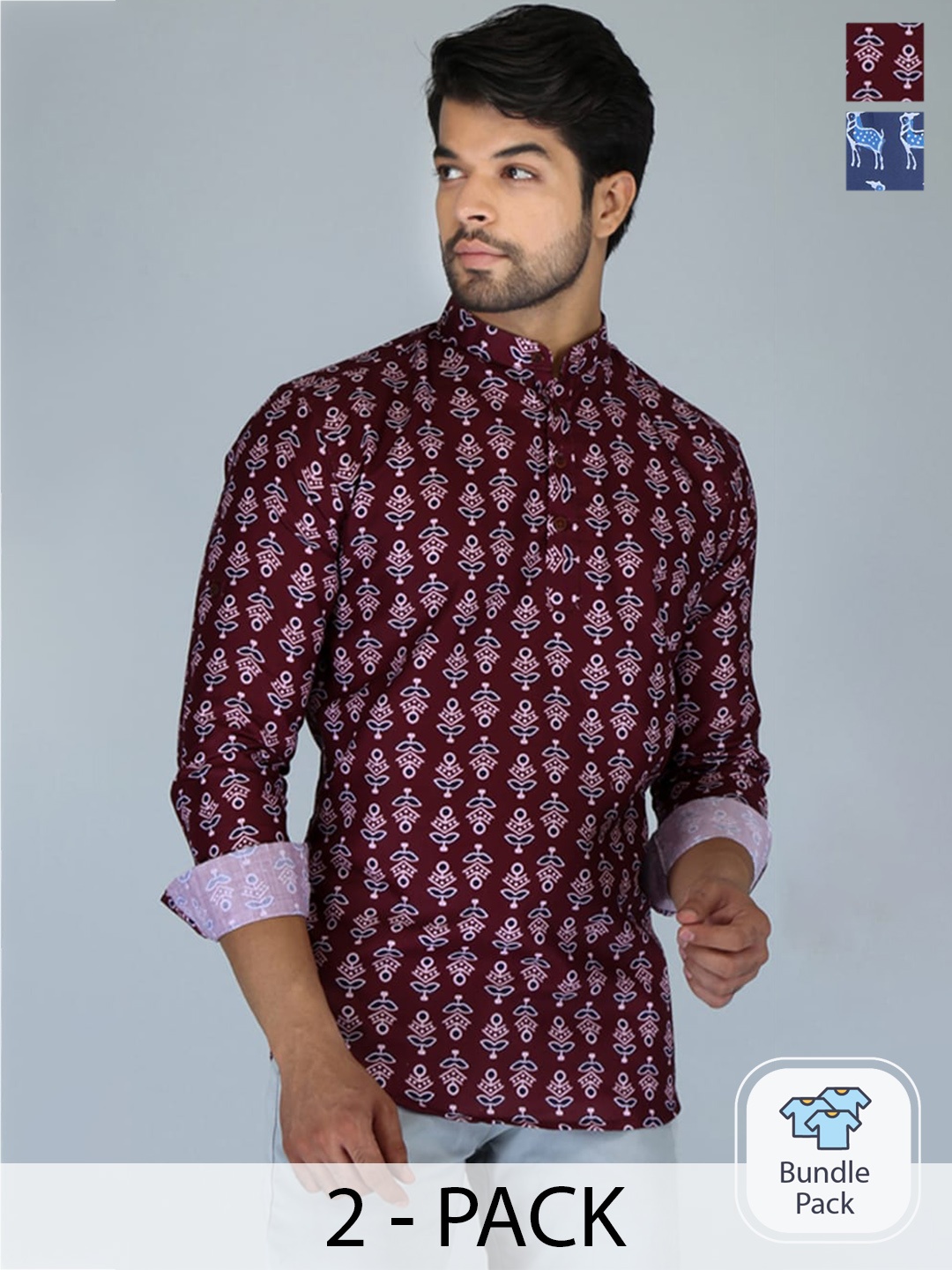 FUBAR Selection Of 2 Ethnic Motifs Printed Band Collar Cuffed Sleeves Straight Kurta, Maroon
FUBAR Selection Of 2 Ethnic Motifs Printed Band Collar Cuffed Sleeves Straight Kurta, Maroon