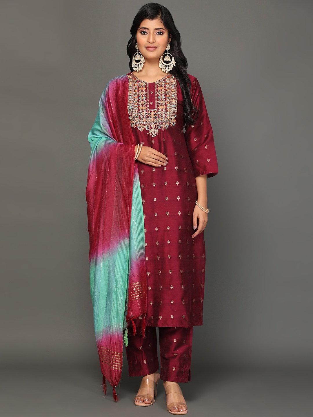 KALINI Woven Design Straight Thread Work Pure Silk Kurta & Trousers With Dupatta, Brown
KALINI Woven Design Straight Thread Work Pure Silk Kurta & Trousers With Dupatta, Brown