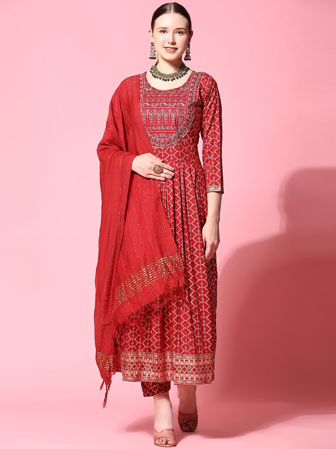 KALINI Ethnic Motifs Printed Mirror Work Anarkali Kurta With Trousers & Dupatta, Maroon
KALINI Ethnic Motifs Printed Mirror Work Anarkali Kurta With Trousers & Dupatta, Maroon