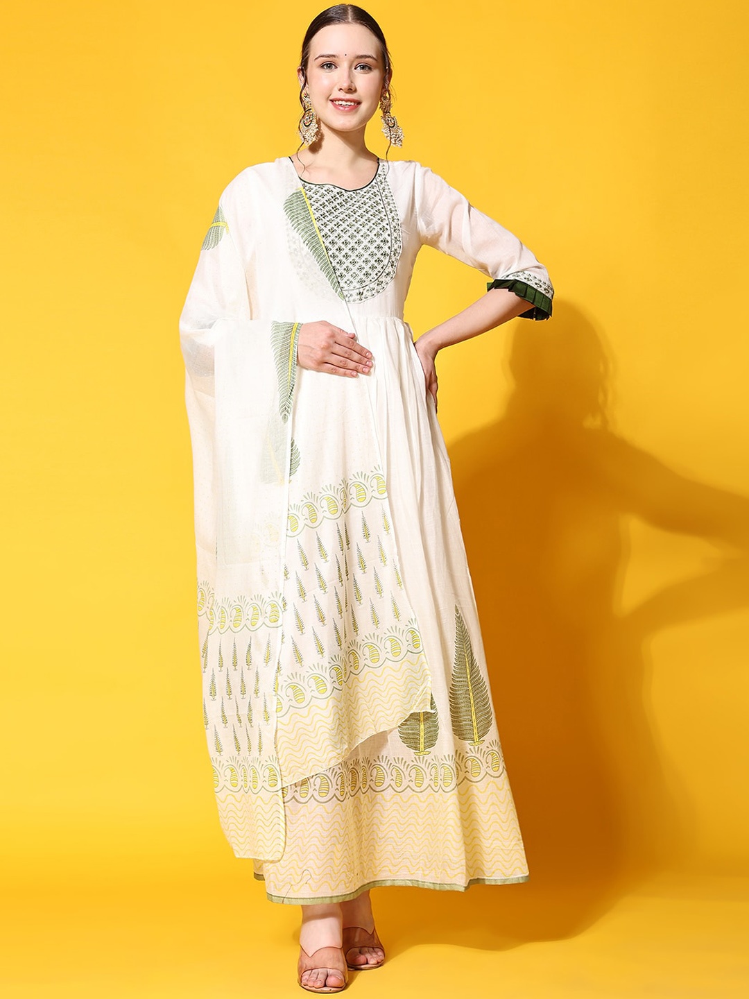 KALINI Ethnic Motifs Embroidered Mirror Work Anarkali Kurta with Trousers & With Dupatta, Cream
KALINI Ethnic Motifs Embroidered Mirror Work Anarkali Kurta with Trousers & With Dupatta, Cream