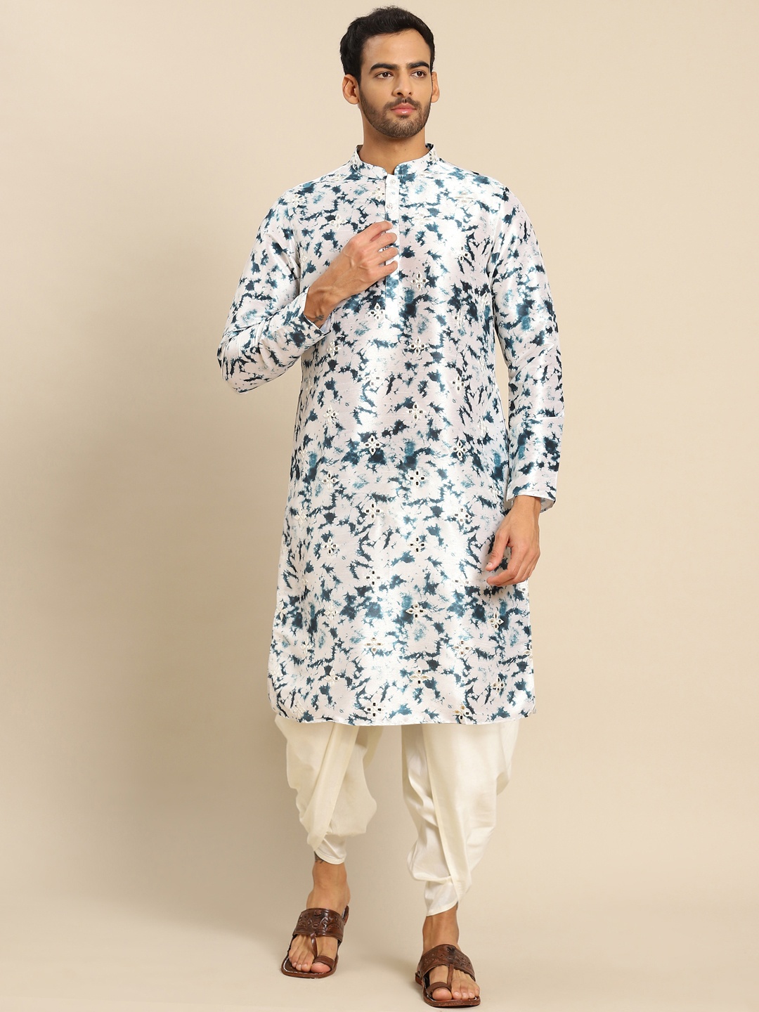Sangria Abstract Printed Mirror Work Straight Kurta With Dhoti Pants, White