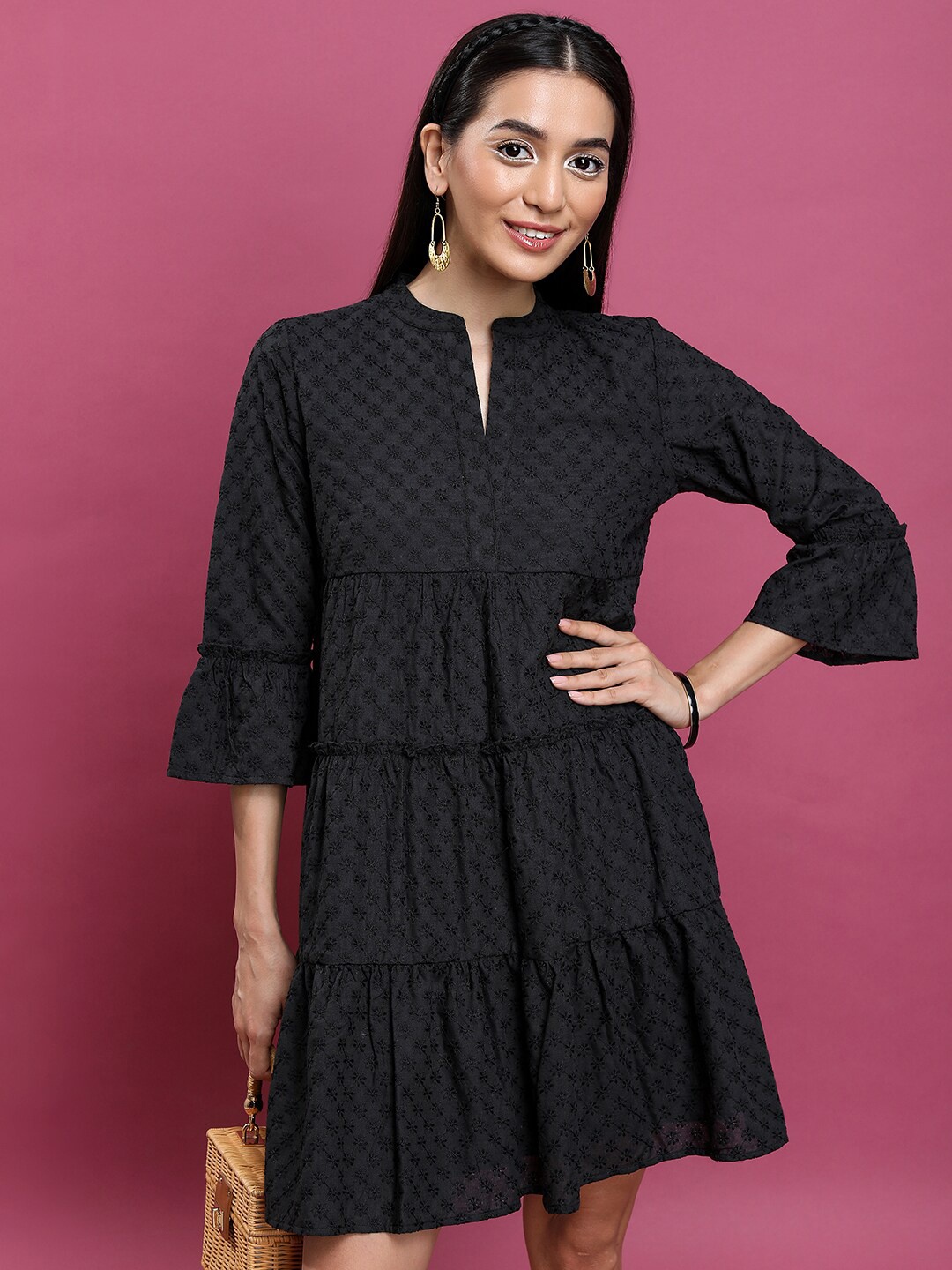 Vishudh Floral Embroidered Mandarin Collar Bell Sleeve A-Line Above Knee Dress, Black
Vishudh Floral Embroidered Mandarin Collar Bell Sleeve A-Line Above Knee Dress, Black