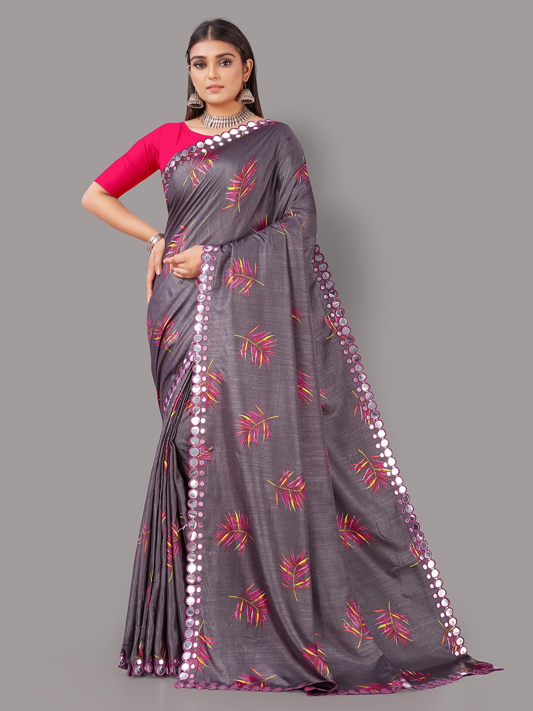 KALINI Floral Printed Mirror Work Saree, Grey