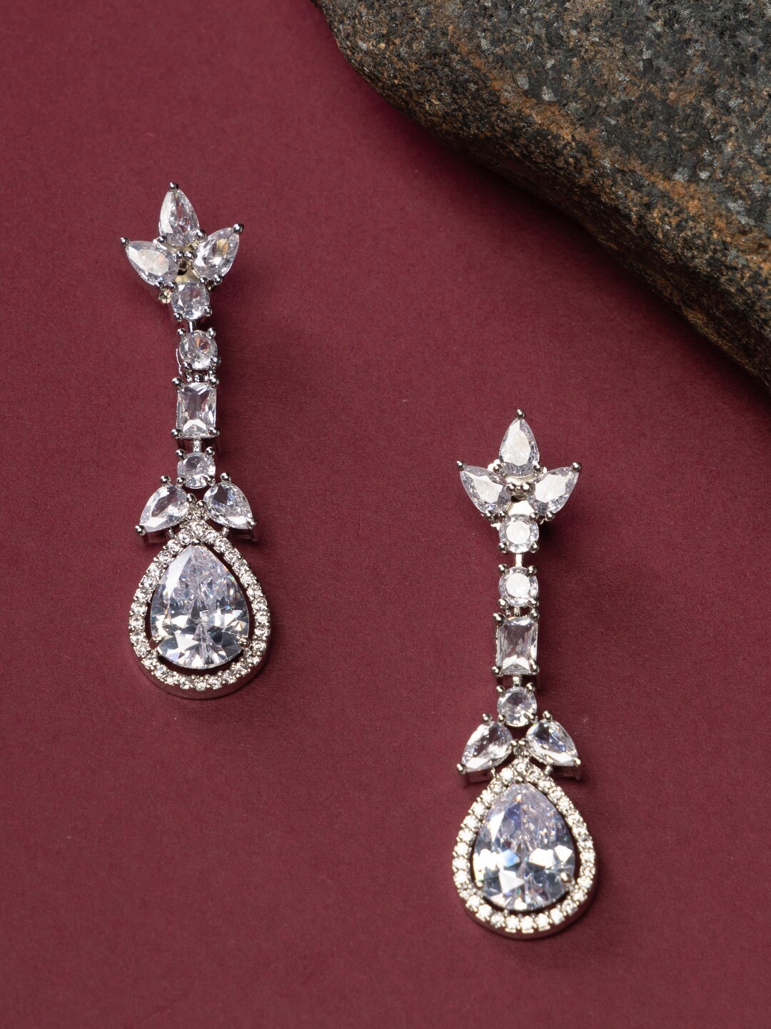 justpeachy Rhodium-Plated American Diamond-Studded Teardrop Shaped Drop Earrings, Silver
justpeachy Rhodium-Plated American Diamond-Studded Teardrop Shaped Drop Earrings, Silver