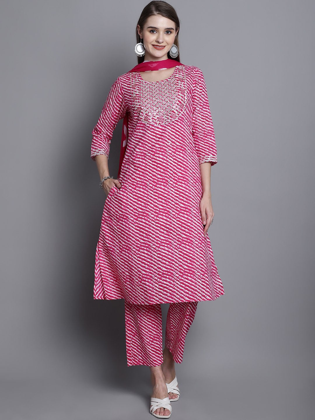 Kamayra Leheriya Striped Sequinned Pure Cotton Kurta & Palazzos With Dupatta, Magenta
Kamayra Leheriya Striped Sequinned Pure Cotton Kurta & Palazzos With Dupatta, Magenta