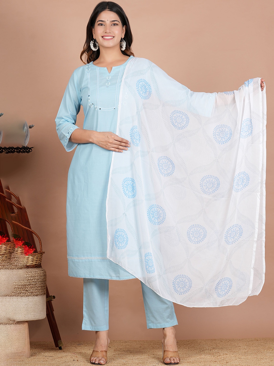 ZOYOTO Floral Yoke Design Mirror Work Pure Cotton Kurta With Trousers & Dupatta, Blue
ZOYOTO Floral Yoke Design Mirror Work Pure Cotton Kurta With Trousers & Dupatta, Blue