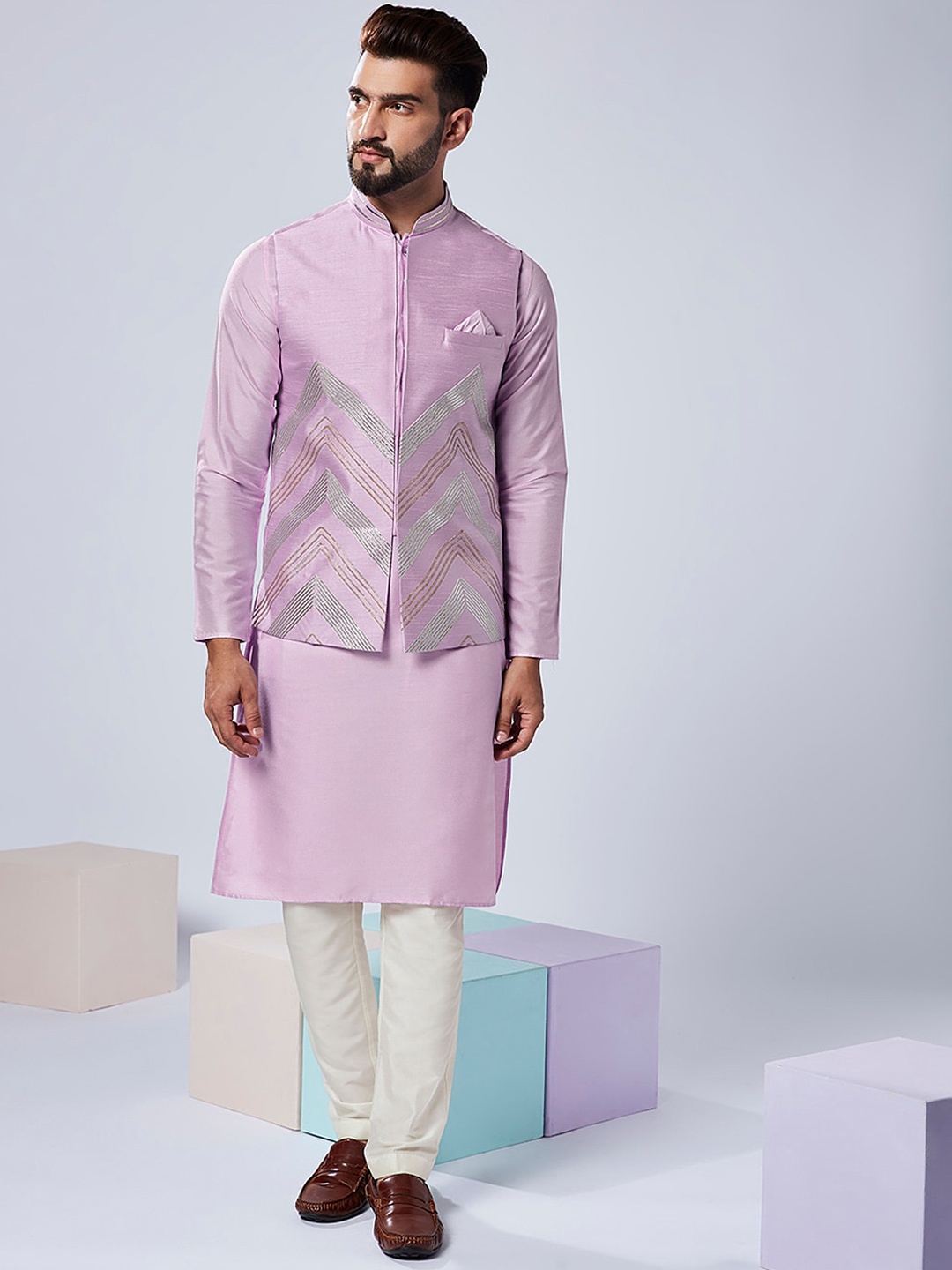 KISAH Men Mandarin Collar Art Silk Straight Kurta With Trousers & Nehru Jacket, Lavender
KISAH Men Mandarin Collar Art Silk Straight Kurta With Trousers & Nehru Jacket, Lavender