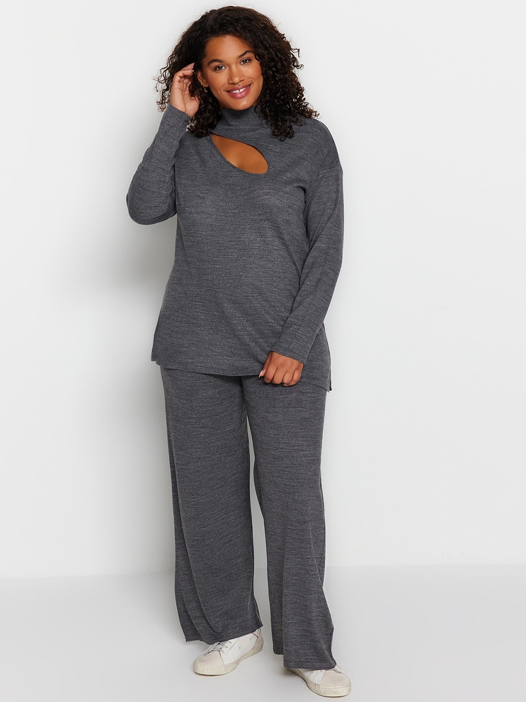 Trendyol Plus Size High Neck Cut-Out Detailed Acrylic Top With Palazzos Co-Ords, Charcoal
Trendyol Plus Size High Neck Cut-Out Detailed Acrylic Top With Palazzos Co-Ords, Charcoal