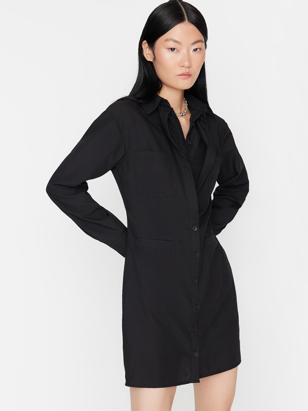 Trendyol Shirt Collar Cuffed Sleeves Cotton Shirt Dress, Black