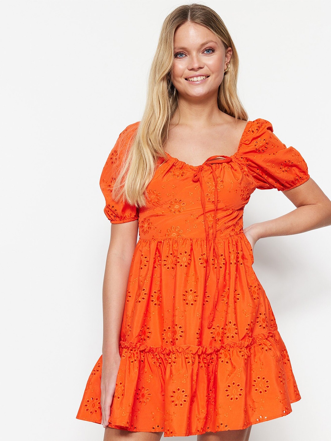 Trendyol Self Design Sweetheart Neck Puff Sleeve Smocked Schiffli A-Line Mini Dress, Orange
Trendyol Self Design Sweetheart Neck Puff Sleeve Smocked Schiffli A-Line Mini Dress, Orange