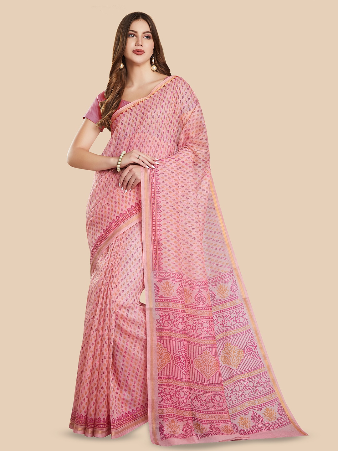 Rani Saahiba Ethnic Motifs Zari Block Printed Saree, Pink