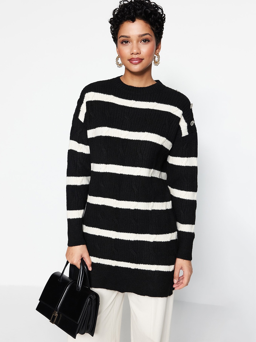 Trendyol Striped Longline Pullover, White