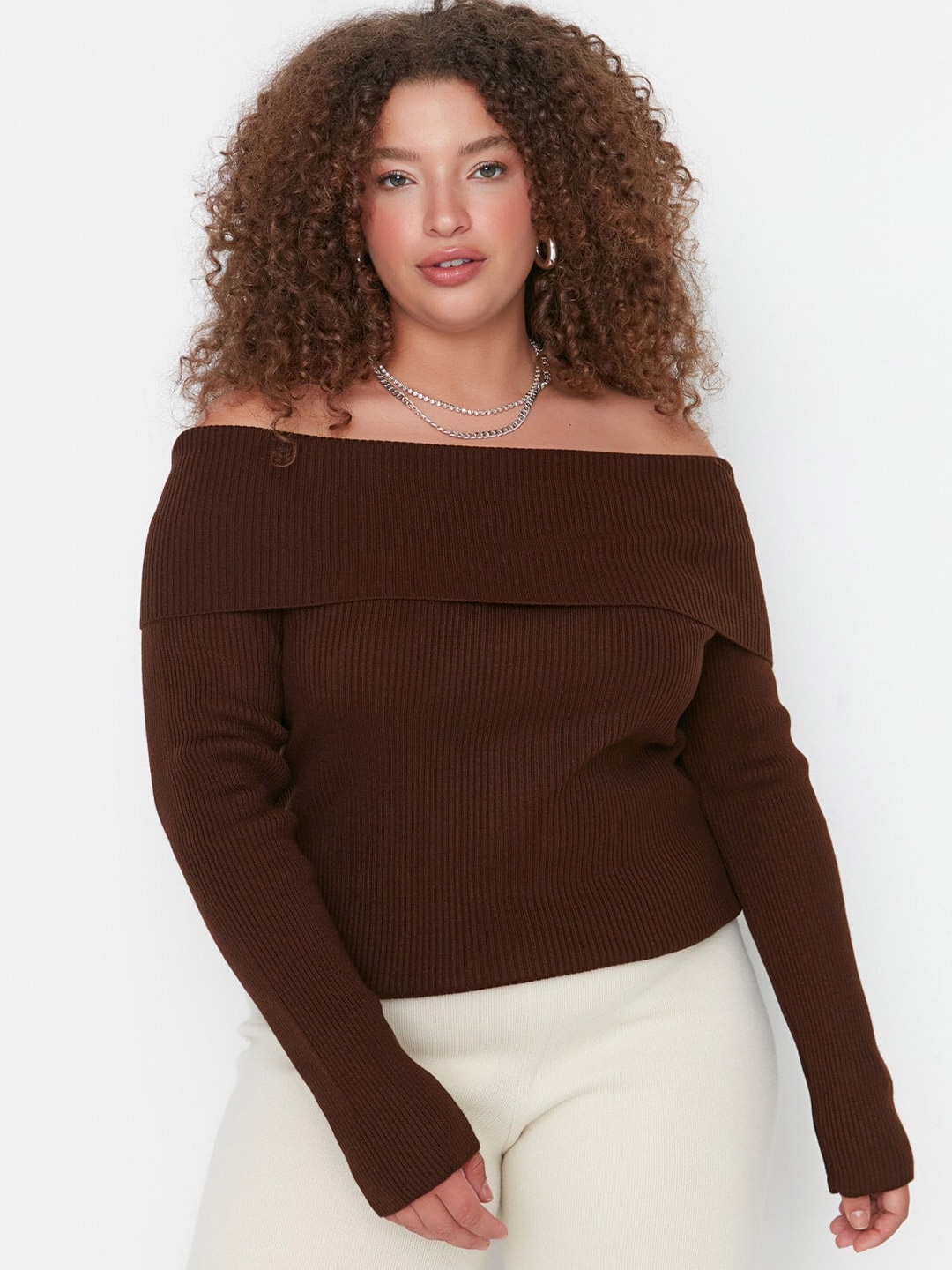 Trendyol Ribbed Acrylic Pullover, Brown