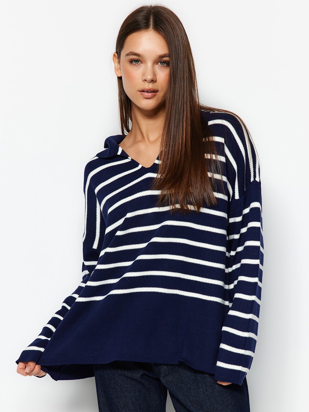 Trendyol Striped Pure Acrylic Pullover, Navy blue