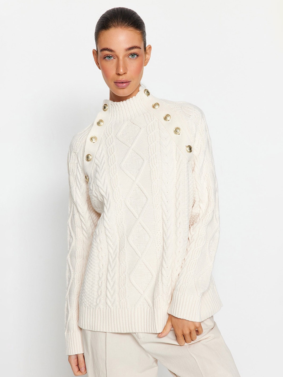 Trendyol Cable Knit Mock Collar Long Sleeves Button Detail Acrylic Pullover Sweaters, Beige
Trendyol Cable Knit Mock Collar Long Sleeves Button Detail Acrylic Pullover Sweaters, Beige