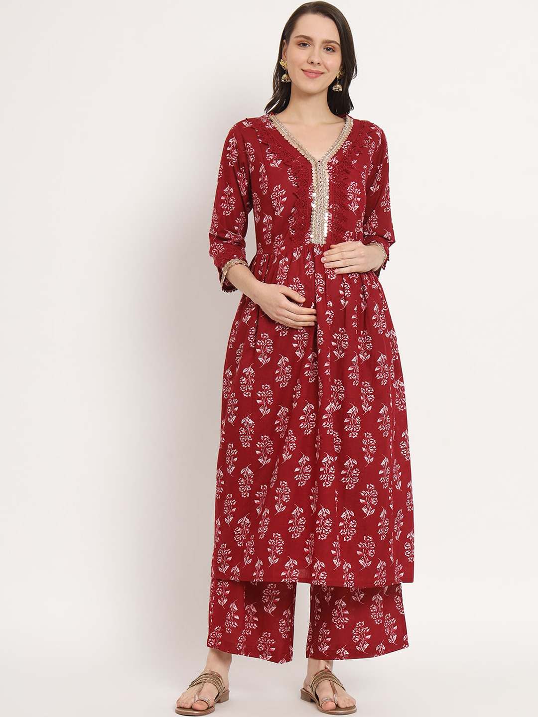 Aujjessa Floral Printed Pure Cotton Maternity Anarkali Kurta With Palazzos, Burgundy
Aujjessa Floral Printed Pure Cotton Maternity Anarkali Kurta With Palazzos, Burgundy