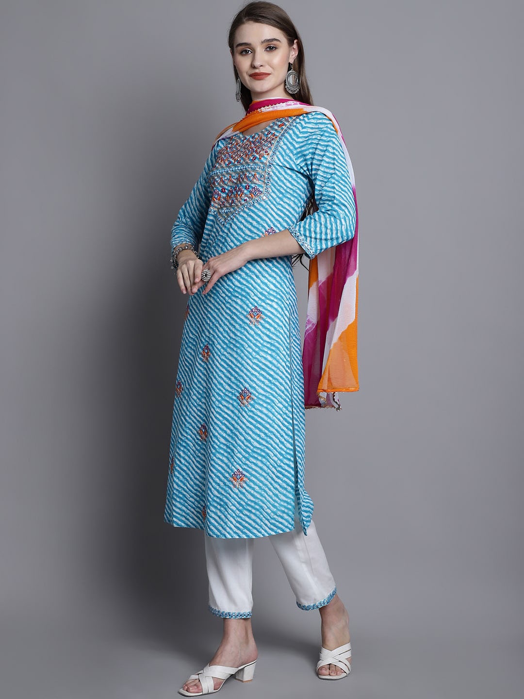 Assamica Leheriya Printed Regular Thread work Pure Cotton Kurta with Trousers & Dupatta, Turquoise blue
Assamica Leheriya Printed Regular Thread work Pure Cotton Kurta with Trousers & Dupatta, Turquoise blue