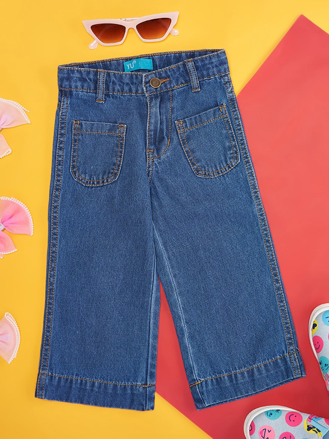 YU by Pantaloons Girls Regular Fit Mid-Rise Clean Look Cotton Jeans, Blue