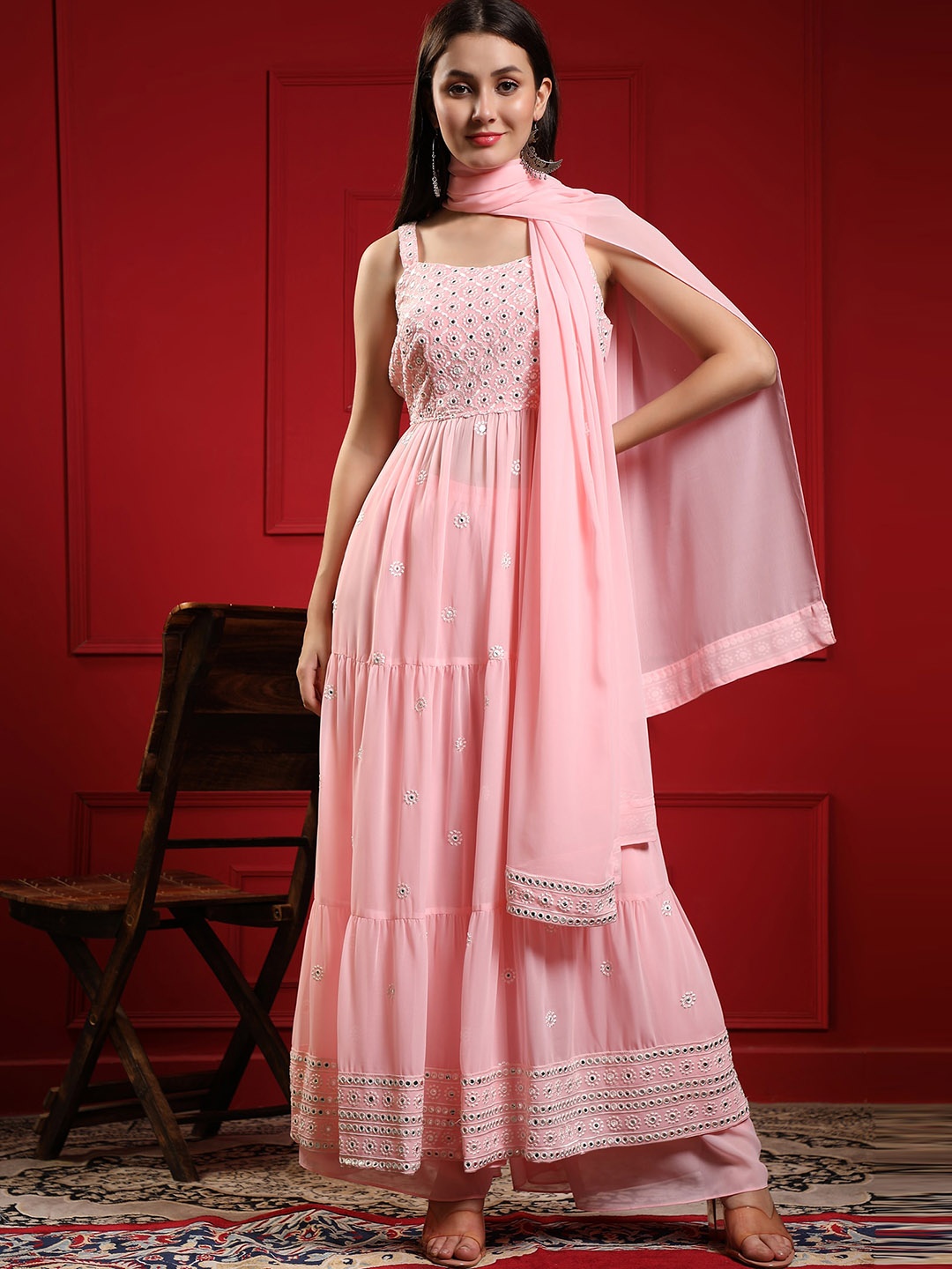 BLACK SCISSOR Ethnic Motifs Embroidered Mirror Work A-Line Kurta & Sharara With Dupatta, Pink
BLACK SCISSOR Ethnic Motifs Embroidered Mirror Work A-Line Kurta & Sharara With Dupatta, Pink
