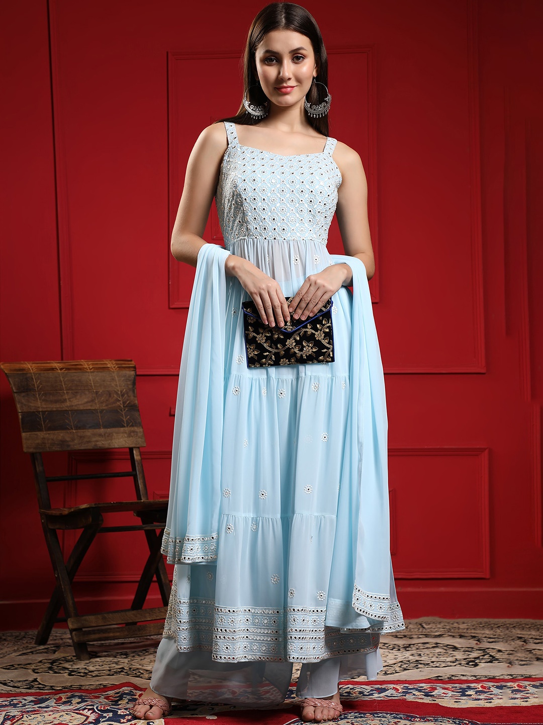 BLACK SCISSOR Ethnic Motifs Embroidered Mirror Work Anarkali Kurta & Palazzos With Dupatta, Blue
BLACK SCISSOR Ethnic Motifs Embroidered Mirror Work Anarkali Kurta & Palazzos With Dupatta, Blue