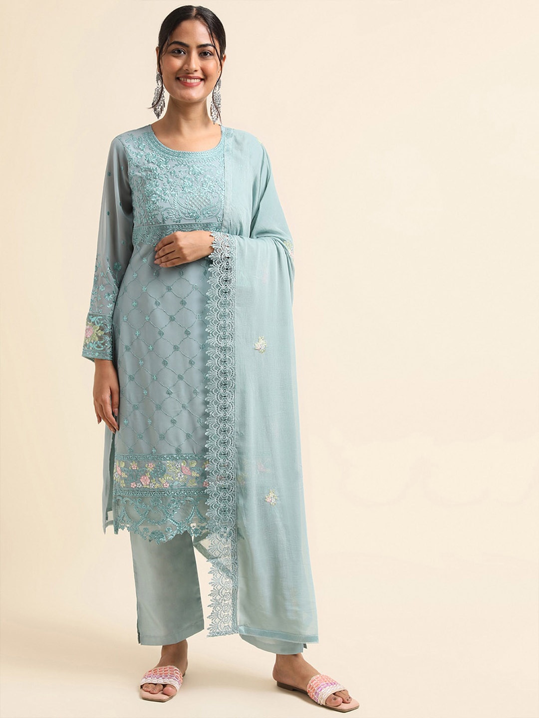 ODETTE Ethnic Motifs Embroidered Kurta With Trousers & Dupatta, Blue