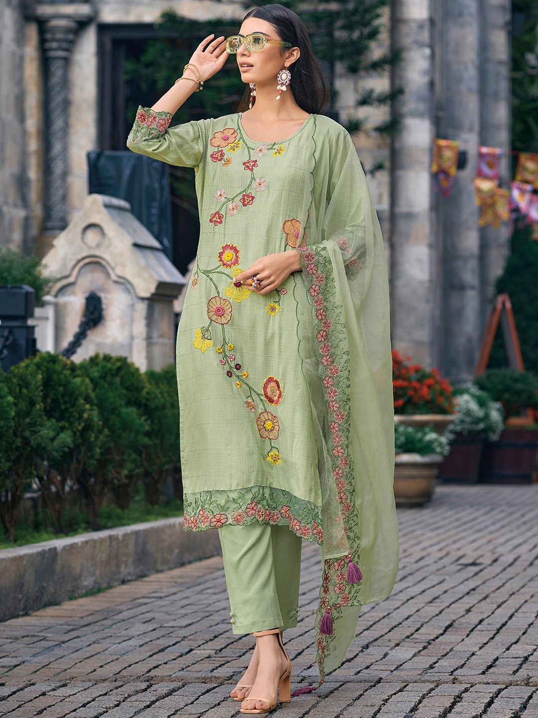 Indo Era Floral Embroidered Thread Work Kurta & Trousers With Dupatta, Sea green