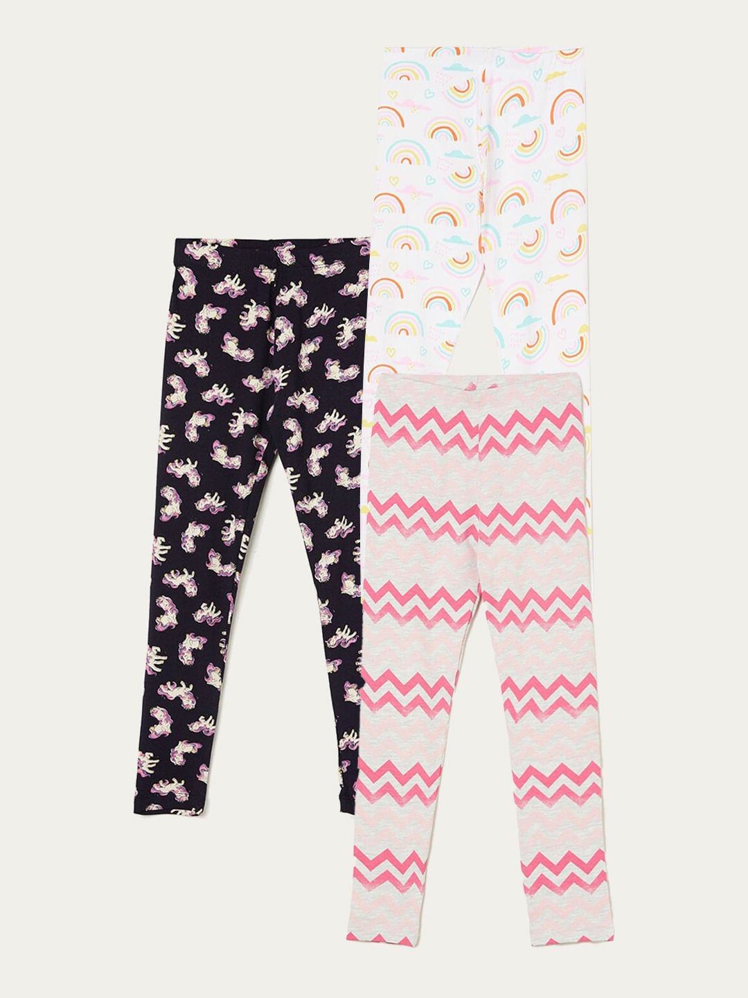 Fame Forever by Lifestyle Girls Pack Of 3 Printed Cotton Leggings, Grey melange