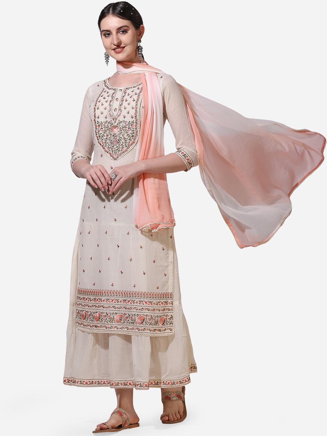 KALINI Floral Embroidered Round Neck Pure Cotton Kurta With Skirt & Dupatta, Off white
KALINI Floral Embroidered Round Neck Pure Cotton Kurta With Skirt & Dupatta, Off white